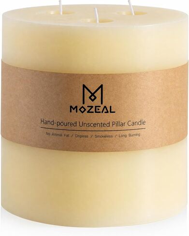 MOZEAL Extra Large 3 Wick Ivory Pillar Candle, 6" x 6", Unscented, Dripless, Smokeless, and Clean-Burning. Approx. 120 Hours of Burn Time. Perfect for Weddings, Dinners, Christmas and Home Decor in Saudi Arabia