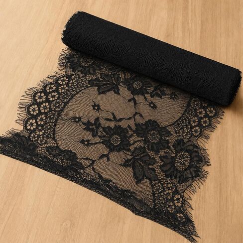 Floral Embroidered lace Trim Black Lace Fabric (1pcs, 14in x 3yd) in Kuwait
