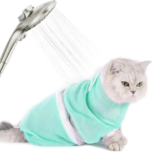 Cat Shower Bag with Removable Hood - Green Mesh Cat Bathing Bag for Stress-Free Bath, Nail Clipping & Grooming, Comfortable Cat Washing Bag in Kuwait