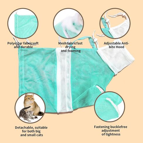 Cat Shower Bag with Removable Hood - Green Mesh Cat Bathing Bag for Stress-Free Bath, Nail Clipping & Grooming, Comfortable Cat Washing Bag in Kuwait