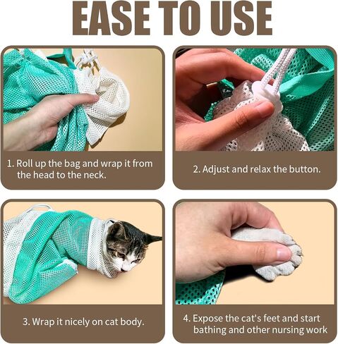 Cat Shower Bag with Removable Hood - Green Mesh Cat Bathing Bag for Stress-Free Bath, Nail Clipping & Grooming, Comfortable Cat Washing Bag in Kuwait