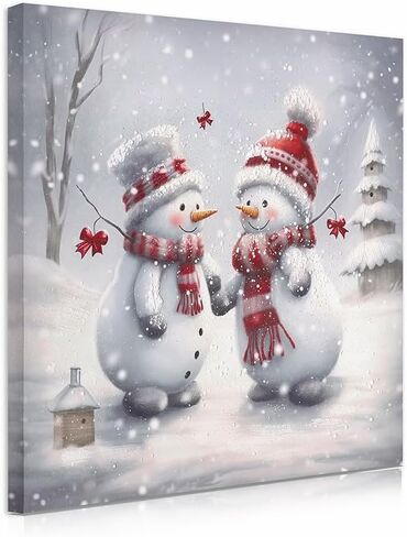 Snowman Canvas Christmas Art Print, Two Cute Snowman Playing in the Snowfield Wall Art Xmas Painting Winter Picture Framed Ready to Hang for Dining Room Bedroom Home Decorations 14" X 14" in Kuwait