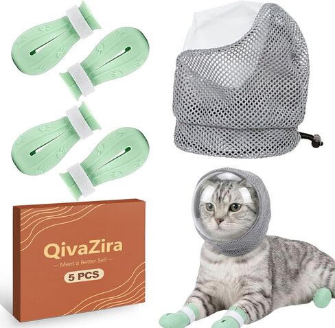 5 Pcs Cat Muzzle for Grooming with Anti Scratch Silicone Boots Set Breathable TPU Mask and Paw Protectors for Nail Trimming Bathing Kitten Puppy in Kuwait