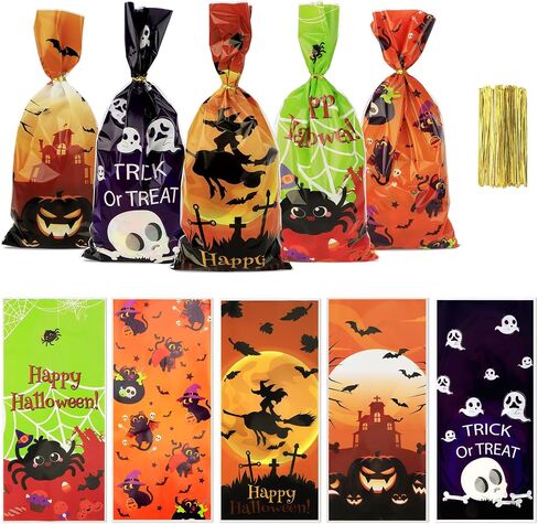 Halloween Treat Bags, Halloween Cellophane Treat Bags, 50 PCS Halloweens Candy Bag, Plastic Cello Cookie Goodies Gift Bag with 50pcs Ties for Halloweens Trick or Treat Party Favors Supplies, 4 Style in Saudi Arabia