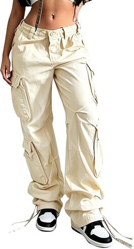 Women's Y2K High Rise Baggy Straight Leg Cargo Pants Streetwear Casual Boyfriend Trousers with Pockets in Kuwait