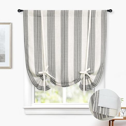 DriftAway Chris Double Layer Linen Blackout Tie Up Curtains Thermal Insulated Fully Lined Vertical Striped Balloon Roman Shade Bathroom Window Adjustable Rod Pocket 45 Inch by 63 Inch Ivory Dark Blue in Kuwait