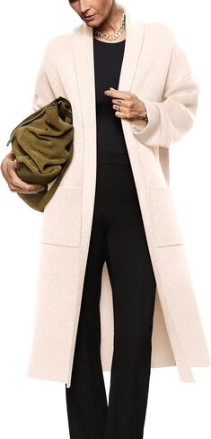 Womens Long Sleeve Maxi Cardigan Open Front Oversized Knitted Sweater Coat Casual Lapel Warm Overcoat with Pockets in Kuwait