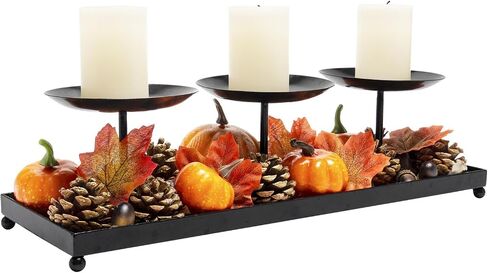 flangairy Candle Holders for Table Centerpiece 3 Wick Pillar Plate Long Trays Home Decor Dining Room Black Metal Candlestick Farmhouse Rustic Fall Thanksgiving Living Fireplace Stand Set Decorations in Saudi Arabia