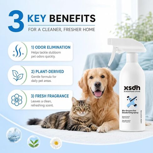Pet Odor Deodorizing Spray, Bio-Enzyme Stain & Strong Odor Eliminator Spray for Dog Cat Pee Urine Pop, No-Rinse Air Freshener Spray for Smelly in Beds, Sofa, Carpet, Upholstery in Home & Car, 400ml in Kuwait