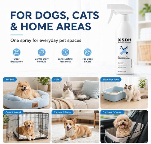 Pet Odor Deodorizing Spray, Bio-Enzyme Stain & Strong Odor Eliminator Spray for Dog Cat Pee Urine Pop, No-Rinse Air Freshener Spray for Smelly in Beds, Sofa, Carpet, Upholstery in Home & Car, 400ml in Kuwait