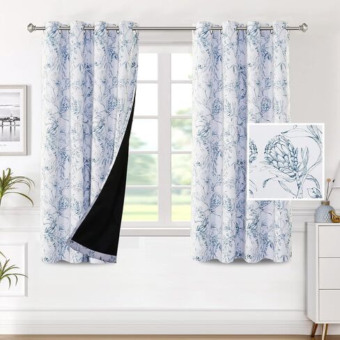 H.VERSAILTEX ستائر تعتيم 100٪ بطول 84 بوصة مكونة من لوحتين مجموعة ستائر كاتليا مطبوعة بالزهور ستائر حرارية زهرية لغرفة النوم مع ستائر مقاومة للصوت ببطانة سوداء، رمادي وأزرق in Kuwait