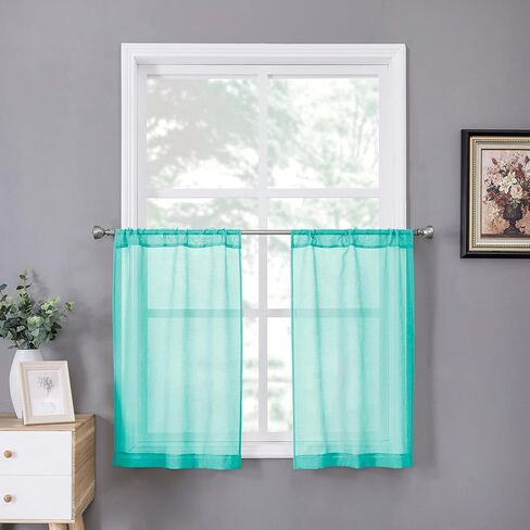 Tollpiz Short Sheer Curtains Linen Textured Living Room Curtain Sheers Light Filtering Rod Pocket Voile Curtains for Bedroom, 42 x 45 inches Long, Pink, Set of 2 Panels in Kuwait
