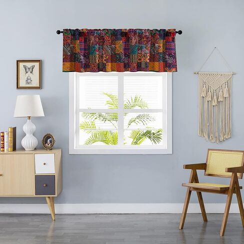 Cotton Linen Patchwork Colorful Vintage Bohemian Curtains Rod Pocket Aesthetic Window Curtain Panel Boho Drape Living Room Bedroom Decoratives, 1 Panel, 55" x 20" (Patchwork) in Kuwait