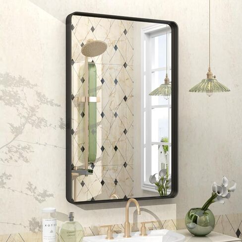 32x36 Inch Brushed Nickel Bathroom Mirror, Brushed Silver Metal Framed Wall Mirror, Rounded Corner Rectangle Modern Vanity Mirror, Tempered Glass, Anti-Rust, Shatterproof (Horizontal/Vertical) in Kuwait