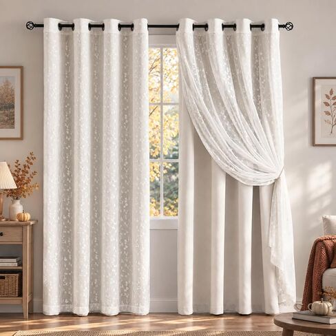 Jubilantex Full Blackout Curtains + Leaf Sheer Window Panels, Beige Mix and Match Style Double Layer Window Treatment Sets for Bedroom Living Room, 4 Panels 52" W x 63" L, Beige and White in Kuwait