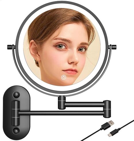 8“Wall Mounted Makeup Mirror With Lights, 10x Magnifying Mirror Wall Mount for Vanity, Bathroom and Shaving, Rechargeable Wall Mounted Makeup Mirror Swing Arm with Adjustable Brightness (Black-10X) in Saudi Arabia