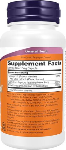 NOW Supplements, Pycnogenol 60 mg (a Unique Combo of Proanthocyanidins from French Maritime Pine) with Acerola & Rutin Powder, 50 Veg Capsules in Kuwait