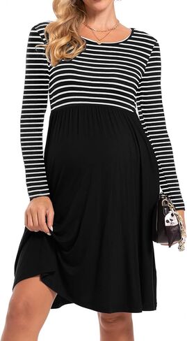 WOOXIO Women's Long Sleeve Maternity Dress Patchwork Pregnancy Dresses Mama Clothes with Pockets in Kuwait