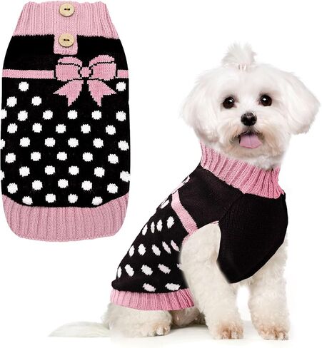 PETCARE Cute Dot Dog Sweater for Small Medium Dogs Girl with Purple Bowtie Knitted Warm Fall Winter Puppy Clothes Cat Sweaters for Cats Only Dachshund Chihuahua Yorkie Dog Outfits Vest Jumper in Kuwait