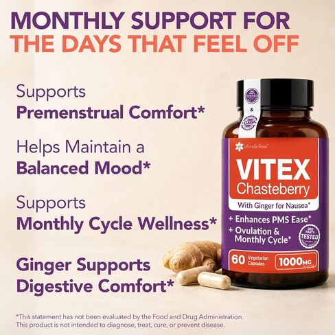 Intimate Rose Vitex Chasteberry Supplement for Women 1000mg - Hormone Balance & Wellness for Women - Vitex Berry w/Added Ginger for Menstrual Discomfort Support - Vegan Capsules in Kuwait