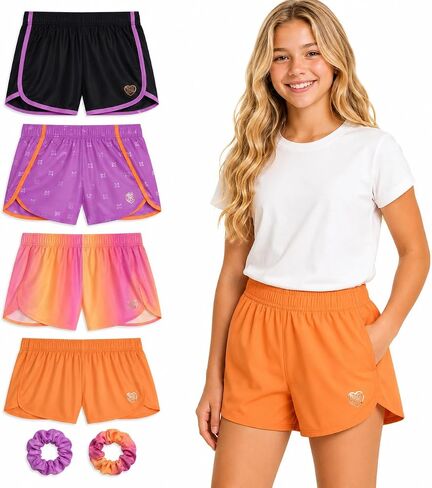 Body Glove Girls' Shorts - 4 Pack Athletic Performance Dry Fit Dolphin Gym Shorts, Scrunchie (7-12) in Kuwait