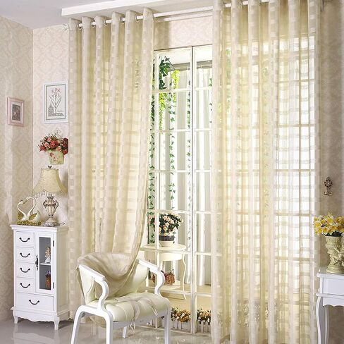 78" Volie Semi Screen 2Pc Tulle Backdrop Curtains Buffalo Check Striped Gingham Sheer Linen Fabric Window Curtain Panel Decorative Grommet Top Bedroom Drapes, 2 Panels, 78 inch Length, Khaki in Kuwait