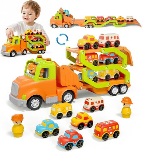 Veslier Toddler Toys for 2 3 4 5 Years Old Kids, Transport Car Carrier Truck Toy with 6 Vehicle, 30in Foldable Track Trailer with Light & Sound Effects, Birthday Gift for 18 Months to 5 Years Old Boys in Saudi Arabia