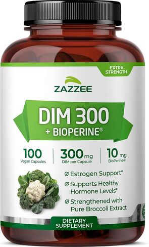 Zazzee قوة إضافية DIM 300 مجم لكل كبسولة، 10 مجم بيوبيرين، 100 كبسولة نباتية، كمية تكفي 100 يوم، بالإضافة إلى مستخلص البروكلي العضوي النقي، نباتي وغير معدل وراثيًا in Kuwait