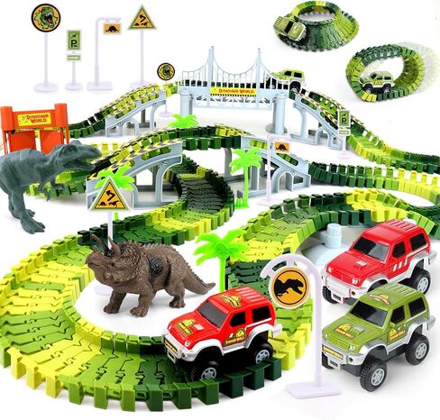 Dinosaur Race Track Toys for Boys 3-5, Flexible Bridge Car Track Set with 2 Toy Cars & Dinosaur Figures, Adventure Race Track Playset for Boys Age 4-7 Birthday Gifts in Kuwait