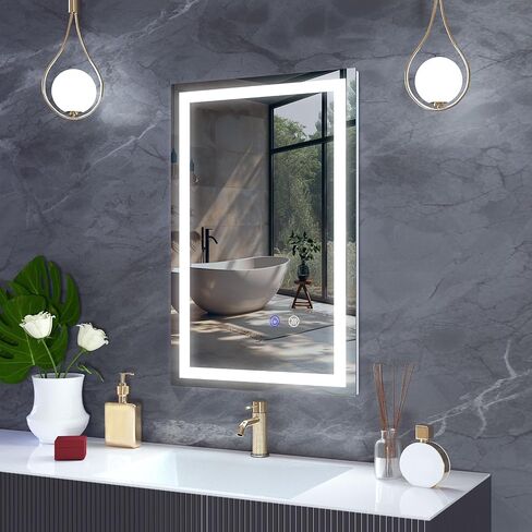 مرآة الحمام FITLAND مقاس 40 بوصة × 24 بوصة LED مرآة الغرور، مضادة للضباب، قابلة للتعتيم، درجة حرارة اللون قابلة للتعديل 3000-6000 ك، مرآة حائط LED تعمل بالتبديل مناسبة للحمام، الغرور (عمودي/أفقي) in Kuwait