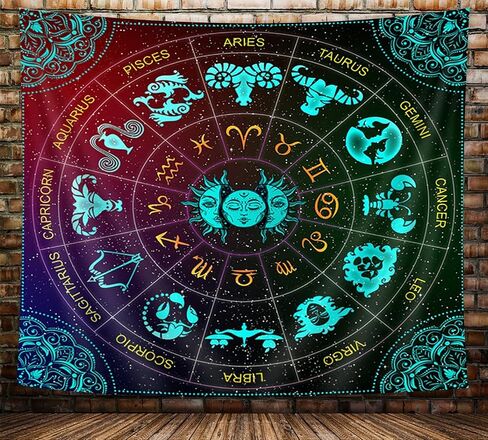 VeiVian Zodiac Astrology Wall Hanging, Sun and Moon Constellation Blacklight Art, Trippy Mandala Boho Witchy Tapestry for Bedroom and Living Room, (90x70) in Kuwait