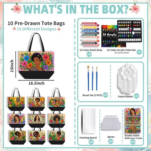 114-Piece Paint and Sip Kit for Adults, 10 Pre-Drawn Canvas Tote Bags in Kuwait