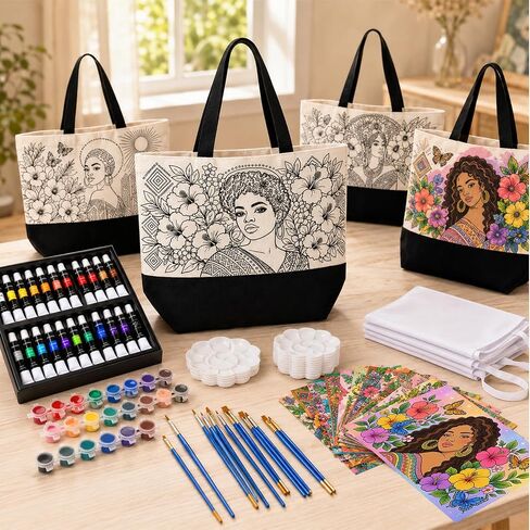 114-Piece Paint and Sip Kit for Adults, 10 Pre-Drawn Canvas Tote Bags in Kuwait