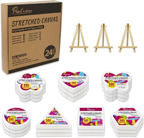 24-Pack 10cm (4") Mini Canvas for Kids, 100% Cotton Acid-Free Stretched Canvases with Easel for Painting, 5/8 Inch Profile 8 Ounce Shaped Canvas for Acrylics,Oils Paints, Perfect for Painting Party in Kuwait