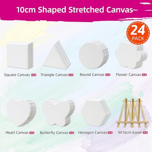 24-Pack 10cm (4") Mini Canvas for Kids, 100% Cotton Acid-Free Stretched Canvases with Easel for Painting, 5/8 Inch Profile 8 Ounce Shaped Canvas for Acrylics,Oils Paints, Perfect for Painting Party in Kuwait