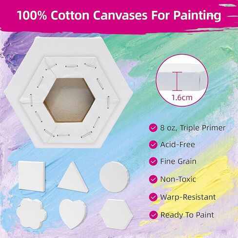 24-Pack 10cm (4") Mini Canvas for Kids, 100% Cotton Acid-Free Stretched Canvases with Easel for Painting, 5/8 Inch Profile 8 Ounce Shaped Canvas for Acrylics,Oils Paints, Perfect for Painting Party in Kuwait
