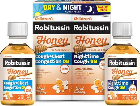 Children's Robitussin Cough & Chest Congestion DM and Nighttime Cough DM, Variety Pack of Cough Medicine for Kids, Made with Honey Flavor - 4 Fl Oz Bottles (Pack of 2) in Saudi Arabia