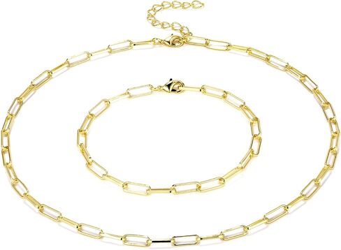 BOUTIQUELOVIN 14K Gold Plated Dainty Rectangle Paperclip Link Chain Necklace Bracelet Set for Women Girls Jewelry Gift Long Lasting Color in Kuwait