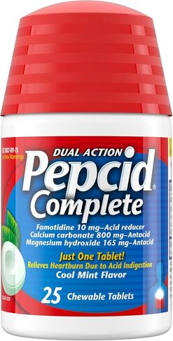 Pepcid Complete Acid Reducer + Antacid Chewables, 10 mg Famotidine, 800 mg Calcium Carbonate & 165 mg Magnesium Hydroxide per Tablet, Antacid Chews for Heartburn, Tropical Fruit, 50 Ct in Kuwait