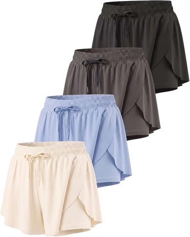 Real Essentials 4 Pack: Womens Flowy Dry Fit Running Short - Gym Yoga Workout Summer Shorts (Available in Plus Size) in Kuwait