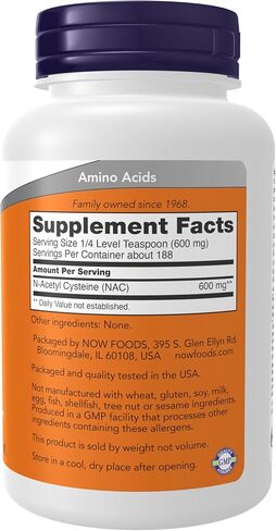 مكملات NOW، NAC (N-Acetyl Cysteine) 600 مجم مسحوق نقي، 4 أونصة، أبيض in Kuwait