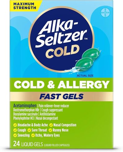 Alka-Seltzer Plus Maximum Strength Power Max Sinus, Allergy and Cough Medicine for Adults and Children 12 Years and Older - Relieves Symptoms from Allergies, Colds or Hay Fever, 24 Count in Kuwait