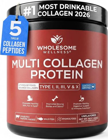 Wholesome Wellness Multi Collagen Protein Powder Hydrolyzed (Type I II III V X) Grass-Fed All-in-One Super Bone Broth + Collagen Peptides - Premium Beef, Chicken, Wild Fish, Eggshell Collagen in Kuwait