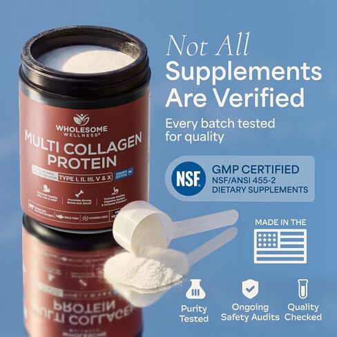 Wholesome Wellness Multi Collagen Protein Powder Hydrolyzed (Type I II III V X) Grass-Fed All-in-One Super Bone Broth + Collagen Peptides - Premium Beef, Chicken, Wild Fish, Eggshell Collagen in Kuwait