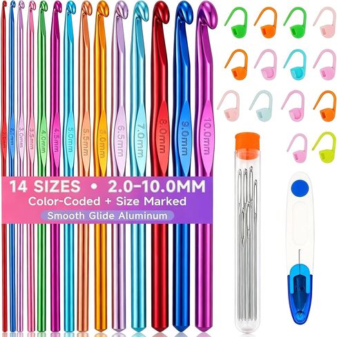Bofoho 14 Sizes Aluminum Crochet Hook Set for Beginners, 2mm(B)-10mm(N) in Kuwait