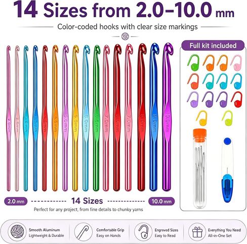 Bofoho 14 Sizes Aluminum Crochet Hook Set for Beginners, 2mm(B)-10mm(N) in Kuwait