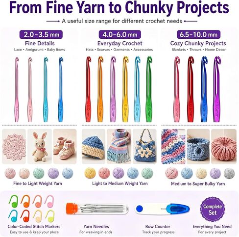 Bofoho 14 Sizes Aluminum Crochet Hook Set for Beginners, 2mm(B)-10mm(N) in Kuwait