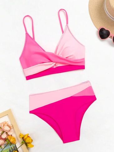 Falainetee Women's 2 Piece Colorblock High Waisted Wrap Spaghetti Strap Summer Swimsuit Bikini Set in Kuwait