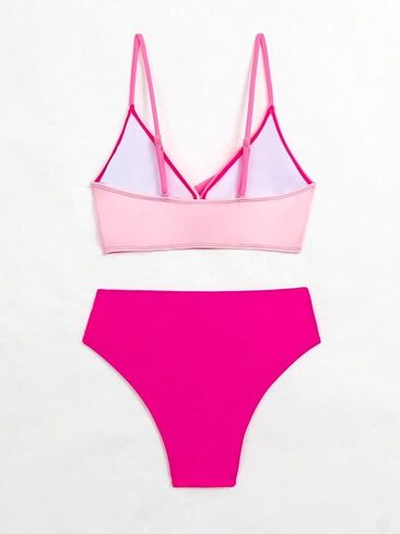 Falainetee Women's 2 Piece Colorblock High Waisted Wrap Spaghetti Strap Summer Swimsuit Bikini Set in Kuwait