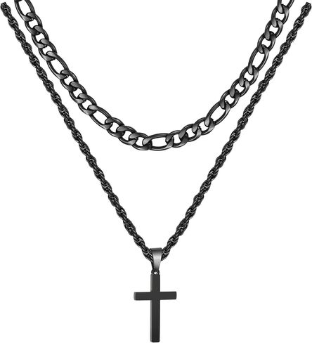 P.BLAKE الصليب قلادة للرجال الفولاذ المقاوم للصدأ الطبقات فيجارو تويست حبل سلسلة المسيحية الصليب قلادة الاختناق قلادة للرجال الصبي in Kuwait